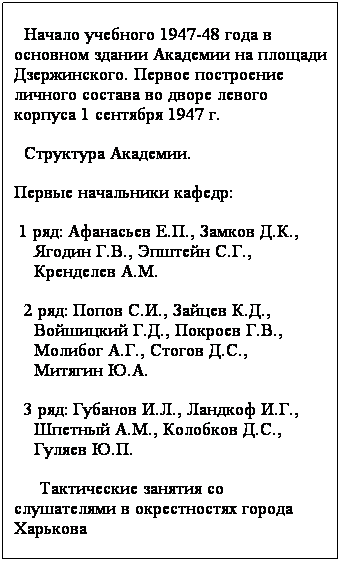 Подпись:   Начало учебного 1947-48 года в основном здании Академии на площади Дзержинского. Первое построение личного состава во дворе левого корпуса 1 сентября 1947 г.
  Структура Академии.
Первые начальники кафедр:
 1 ряд: Афанасьев Е.П., Замков Д.К.,
    Ягодин Г.В., Эпштейн С.Г.,
    Кренделев А.М.
  2 ряд: Попов С.И., Зайцев К.Д.,
    Войшицкий Г.Д., Покроев Г.В.,
    Молибог А.Г., Стогов Д.С.,
    Митягин Ю.А.
  3 ряд: Губанов И.Л., Ландкоф И.Г.,
    Шпетный А.М., Колобков Д.С.,
    Гуляев Ю.П.
     Тактические занятия со слушателями в окрестностях города Харькова
