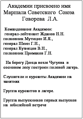 Подпись:    Академии присвоено имя
Маршала Советского  Союза
             Говорова  Л.А.
 Командование Академии:
 генерал-лейтенант Жданов Н.Н.
полковник Мутицин И.Я.,
генерал Шеин Г.Н.,
генерал Кузнецов В.Н.,
полковник Примаков Г.Н.
  На берегу Донца возле Чугуева  в  сосновом лесу построен полевой лагерь.
Слушатели и курсанты Академии на занятиях
Группа курсантов в лагере.
Группа выпускников первых выпусков на  юбилейной встрече
 
