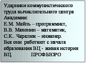 Подпись: Ударники коммунистического  труда вычислительного центра  Академии:
Е.М. Мейль – программист,
В.В. Махонин – математик, 
С.К.. Черелюк – инженер.
Все они  работают с начала образования ВЦ - живая история ВЦ.              ПРОФБЮРО      
